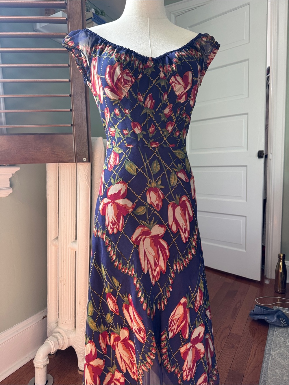 Anna Sui silk Floral Midi Dress w/ off the shoulder sleeves - Picture 6 of 15